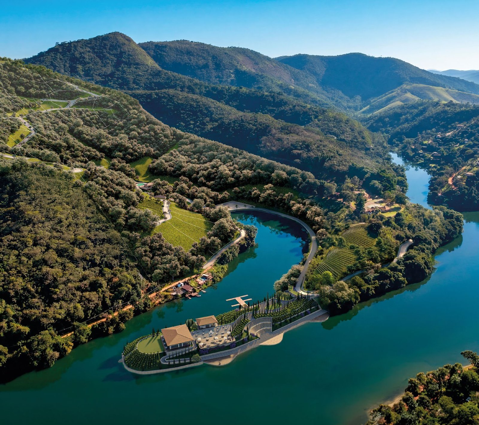 Vista aérea da península e da represa de Areal com o vinhedo do Riserva di Como