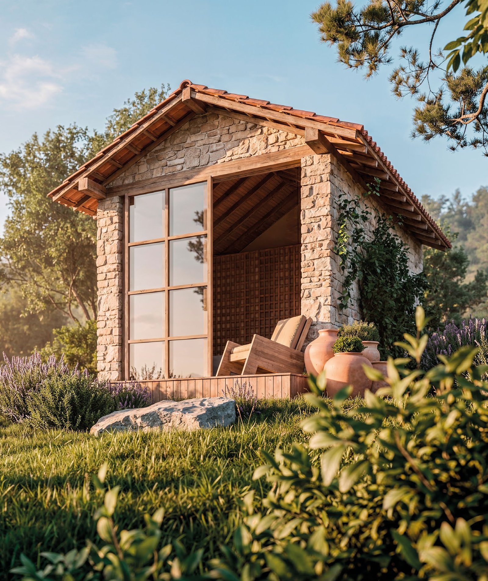 Cabana em pedra e madeira assinada por Duda Porto, integrada à vegetação da serra