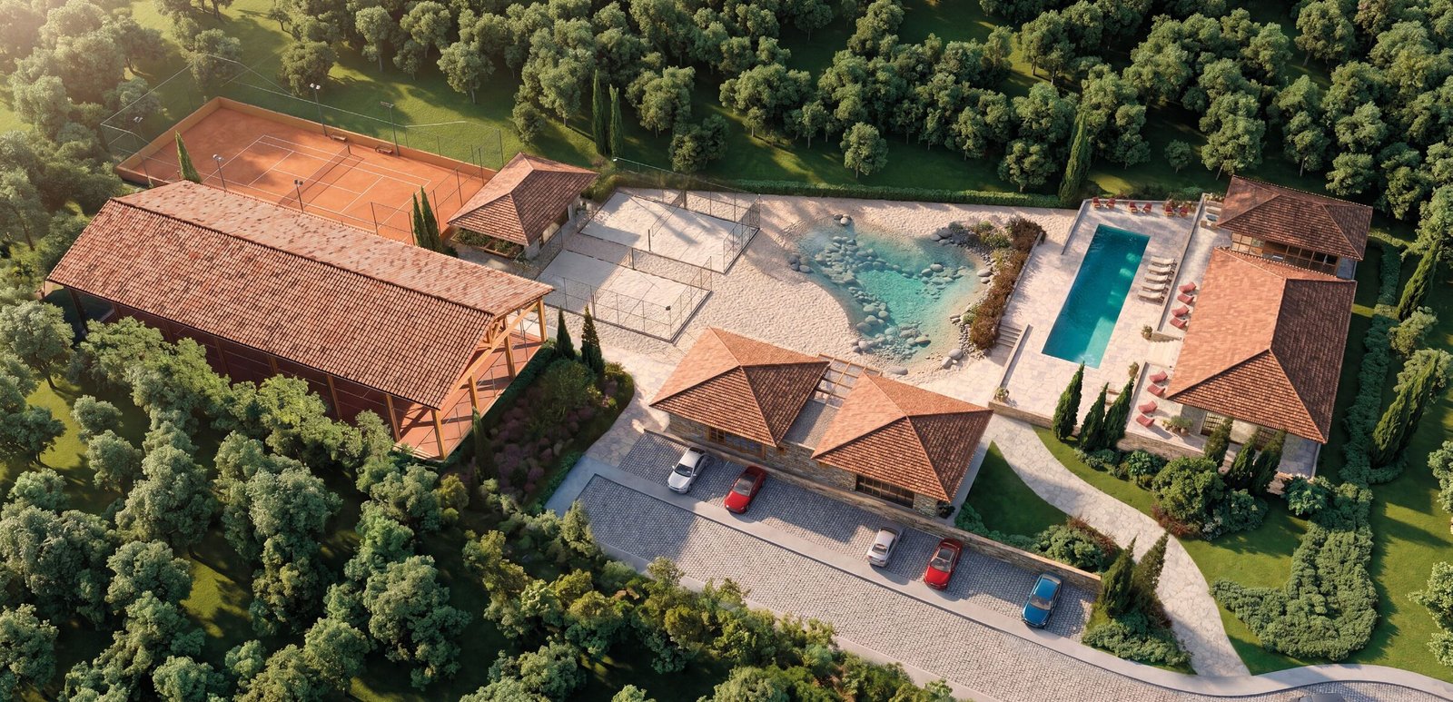 Vista aérea do clube com piscina, quadras de tênis e beach tennis entre a mata
