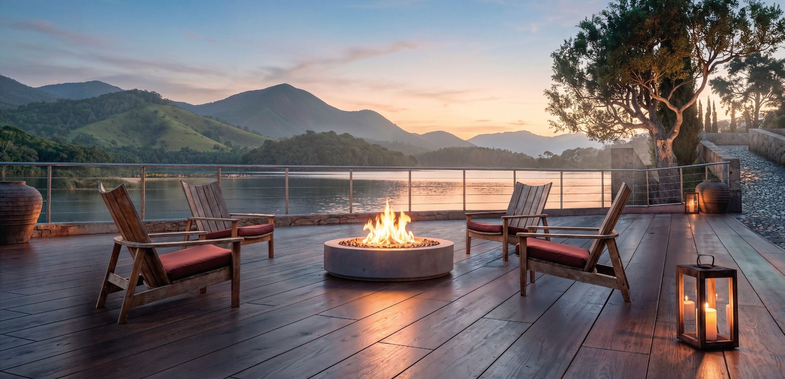 Deck flutuante com lareira ao entardecer, vista para as montanhas