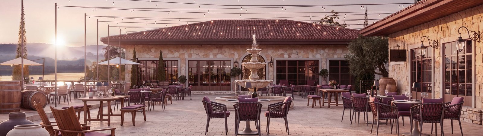 Terraço do restaurante do Riserva di Como ao entardecer, com fonte e vista para a represa