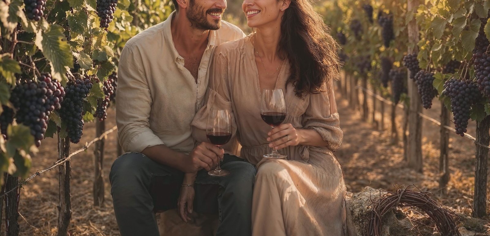 Casal brindando com taças de vinho tinto entre parreirais em Areal