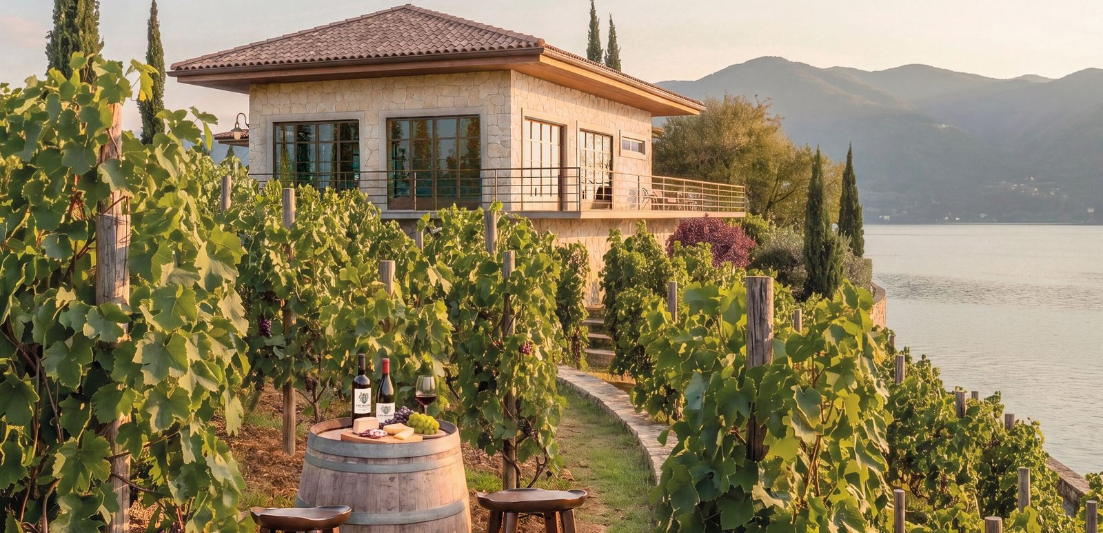 Vinhedo do Riserva di Como com villa de pedra ao pôr do sol